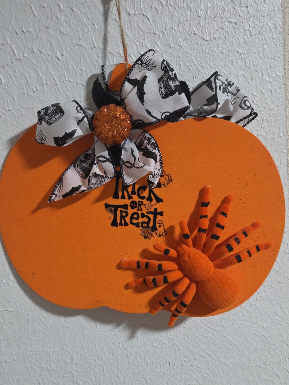 Double Sided Wood Orange Halloween Pumpkin Wall Hanging with Spider